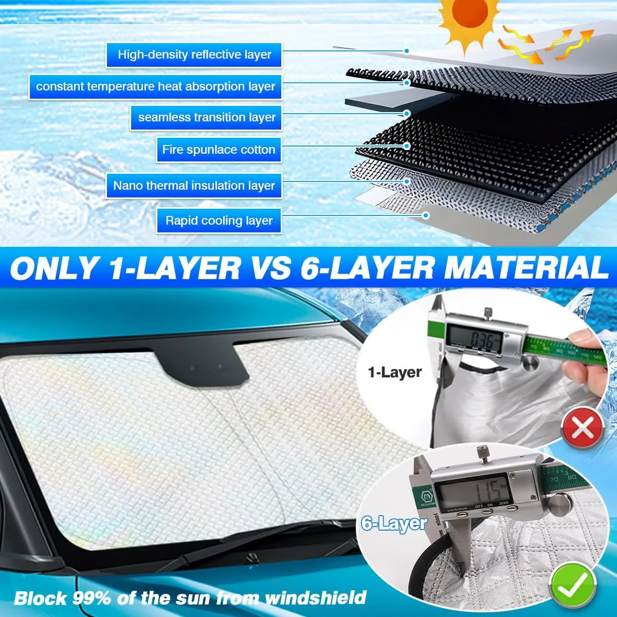 Windshield Sun Shade for 2016-2024 2025 Honda Pilot Accessories Thicken 6-Layer Foldable Front Window Sunshade Cover Sun Visor Protector Block UV Rays Keep Vehicle Cool