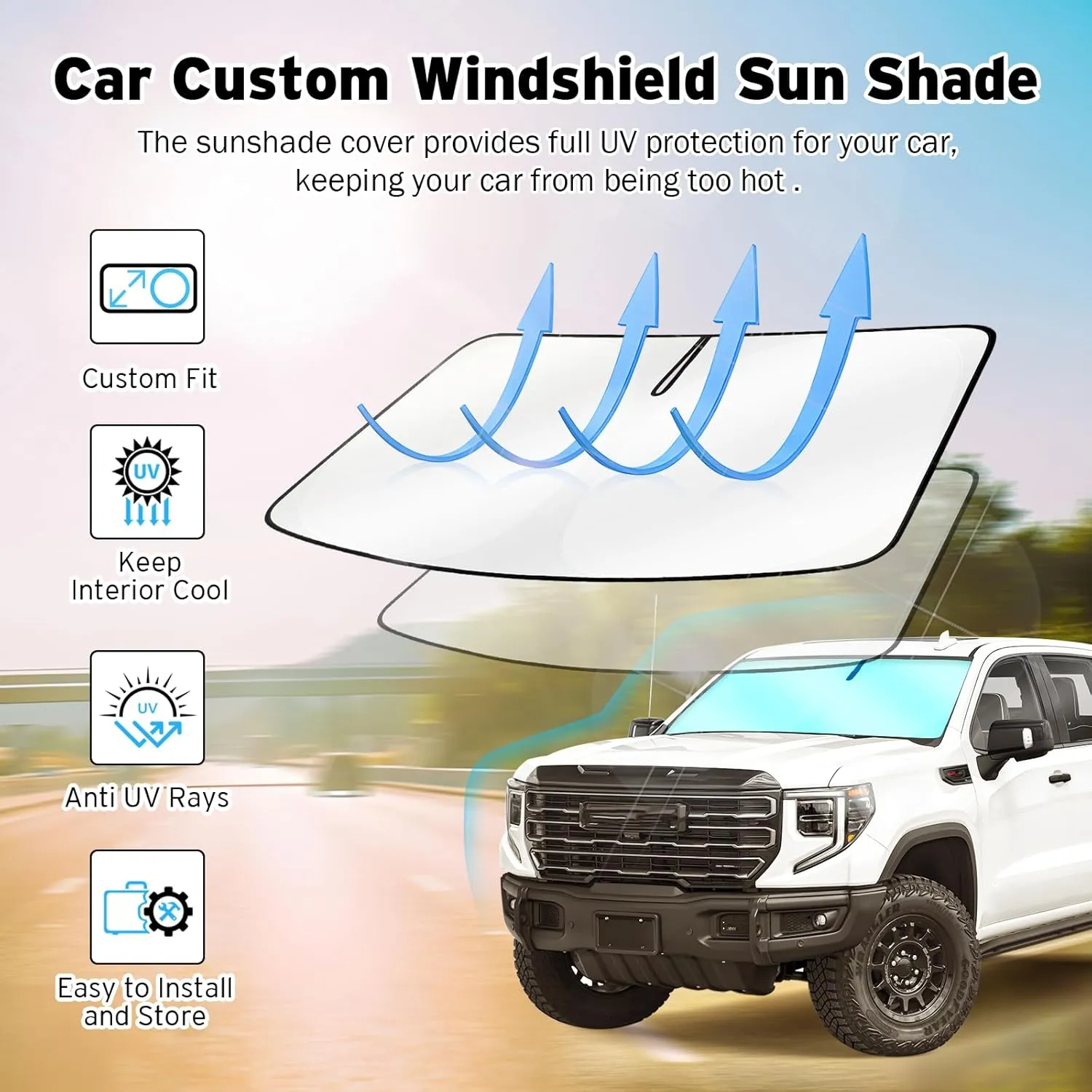 Windshield Sun Shade for 2019-2024 2025 GMC Sierra 1500 2500 3500, Upgraded Heat Insulation Front Window Cover for GMC Sierra, Foldable Windshield ShadeSun Visor Protector for GMC Sierra Accessories