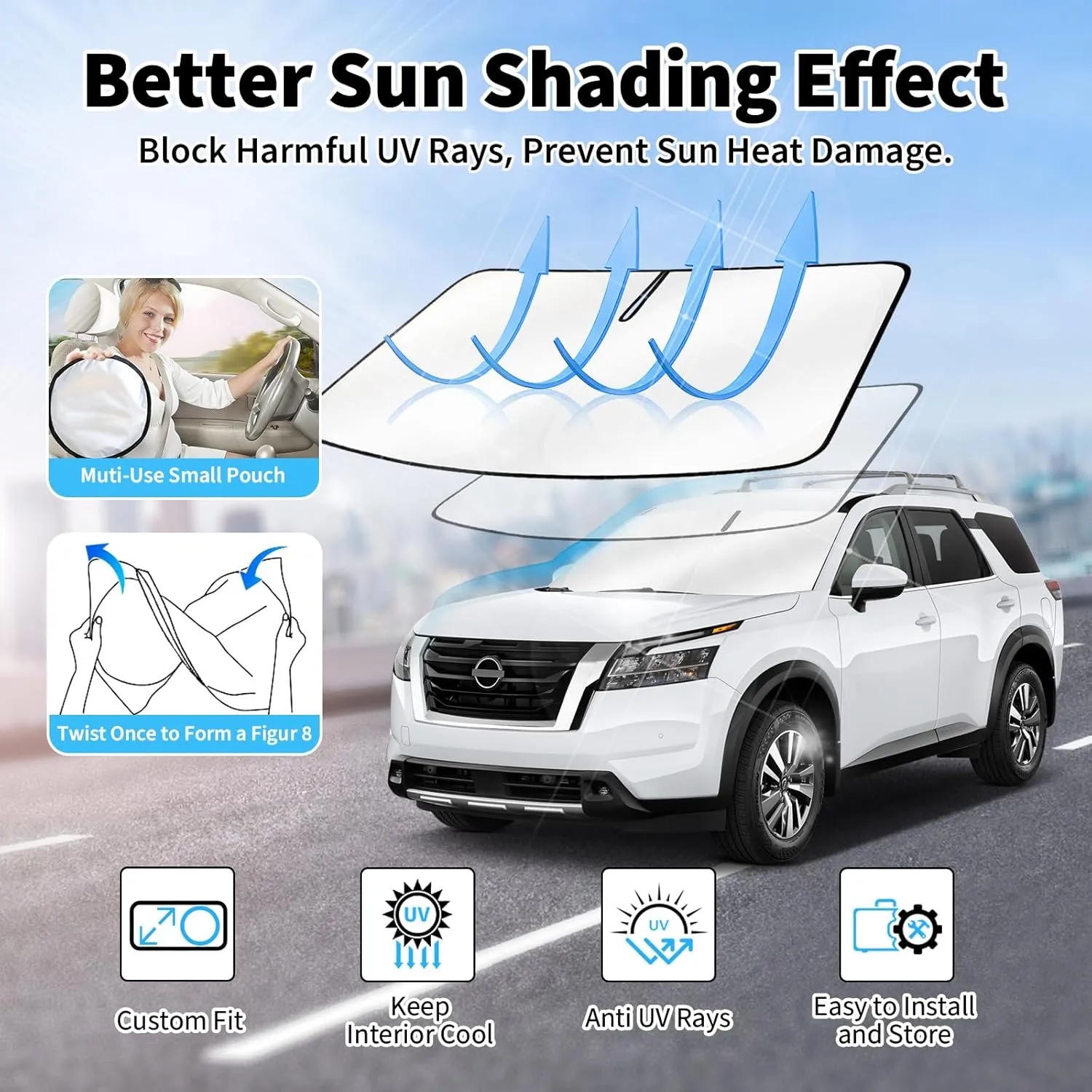 Windshield Sun Shade for Nissan Pathfinder 2022-2024 2025, Upgraded Nano Materials Front Window Shade Cover for Pathfinder Accessories, Foldable Windshield Sunshade UV Rays Protector