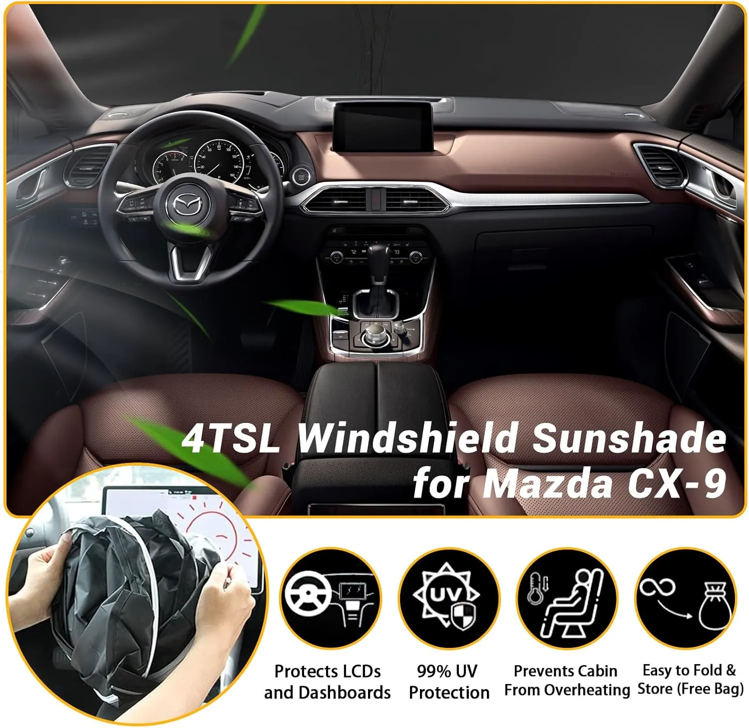 Windshield Sunshade - Custom for Mazda CX-9 CX9 2016-2024 [Thickened 4 Layers UV Rays & Heat Protection] Sport Utility SUV,Foldable Sunshade Windshield Accessories with Storage Bag