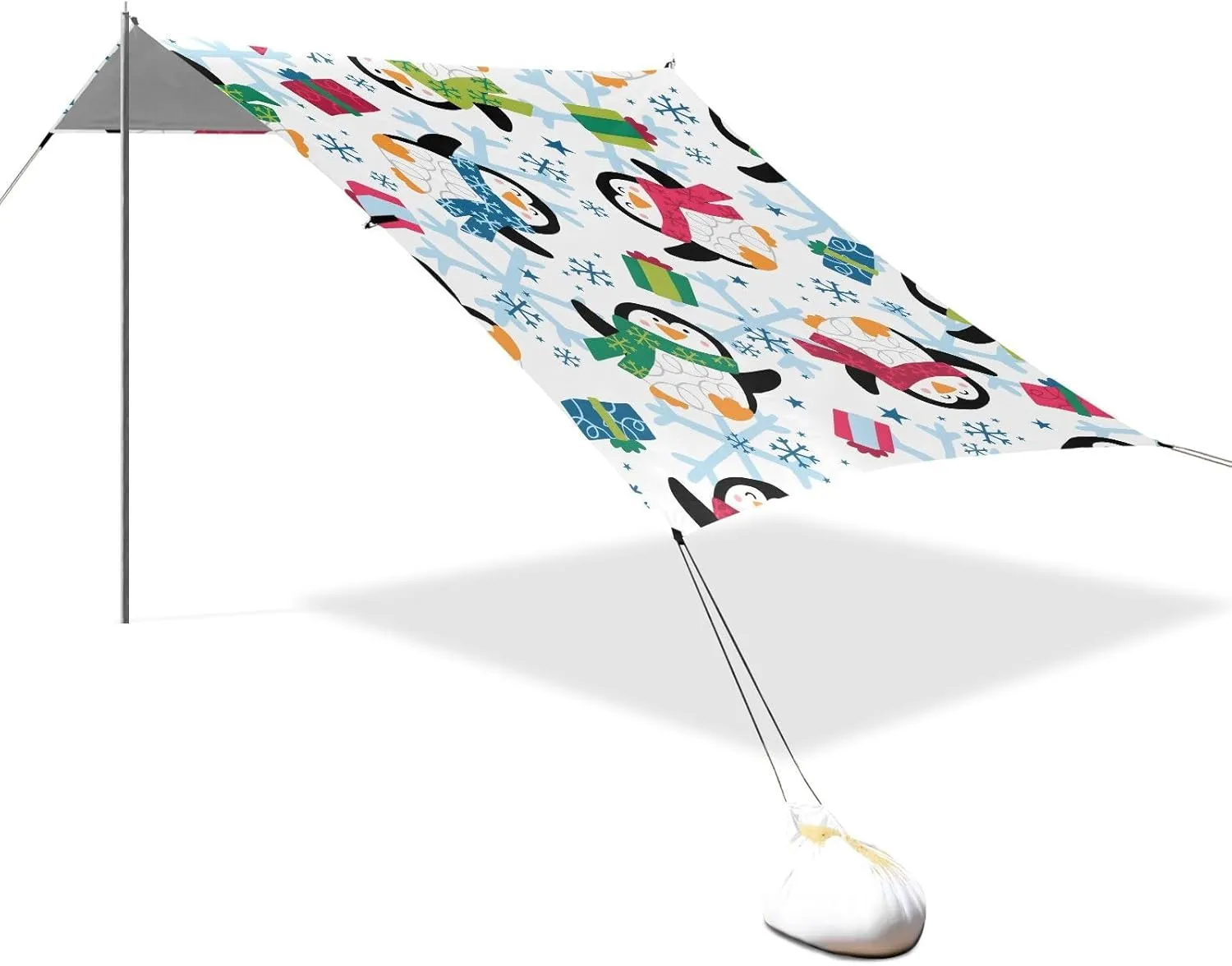 Winter Penguin Snowflakes Beach Tent Canopy 9.2 × 10.5 FT Outdoor Patio Shade Cute Funny Shelters Camping Sun Shelter with Sandbags Anchor Sail
