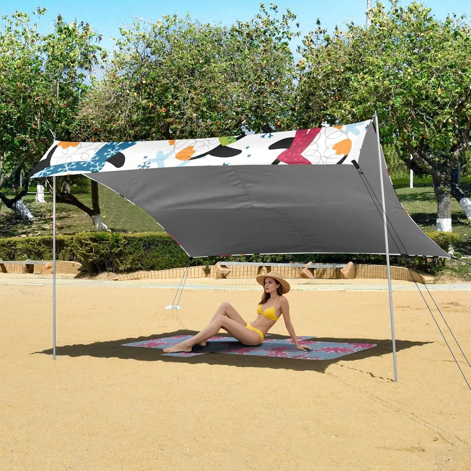 Winter Penguin Snowflakes Beach Tent Canopy 9.2 × 10.5 FT Outdoor Patio Shade Cute Funny Shelters Camping Sun Shelter with Sandbags Anchor Sail