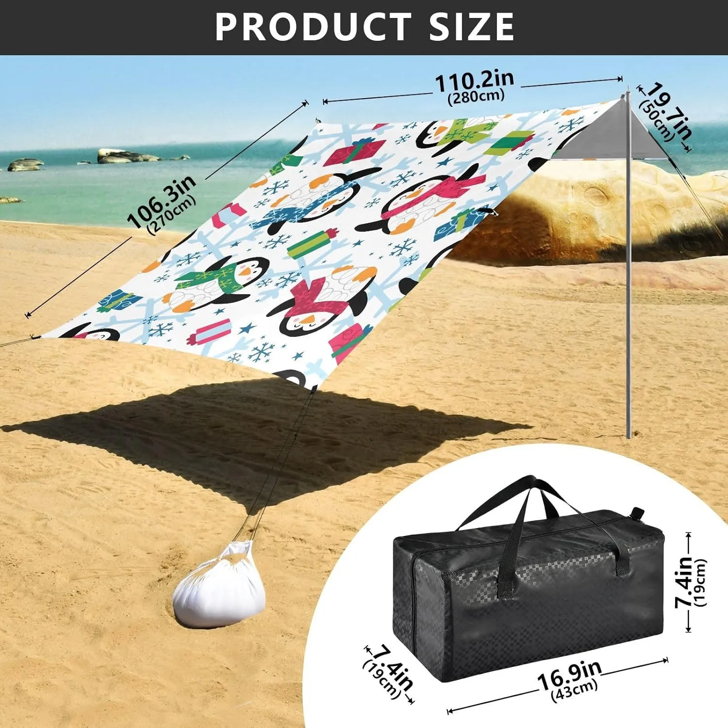Winter Penguin Snowflakes Beach Tent Canopy 9.2 × 10.5 FT Outdoor Patio Shade Cute Funny Shelters Camping Sun Shelter with Sandbags Anchor Sail