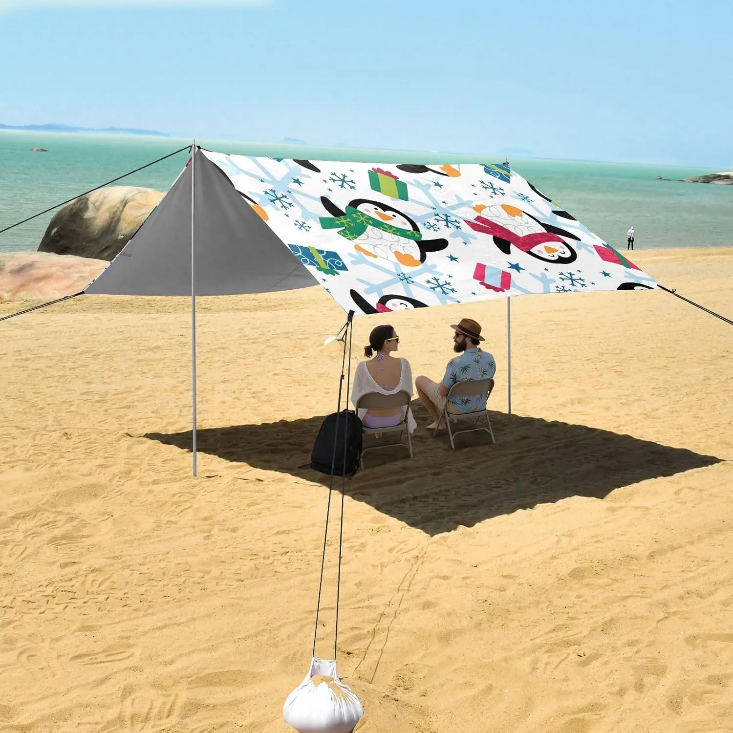 Winter Penguin Snowflakes Beach Tent Canopy 9.2 × 10.5 FT Outdoor Patio Shade Cute Funny Shelters Camping Sun Shelter with Sandbags Anchor Sail