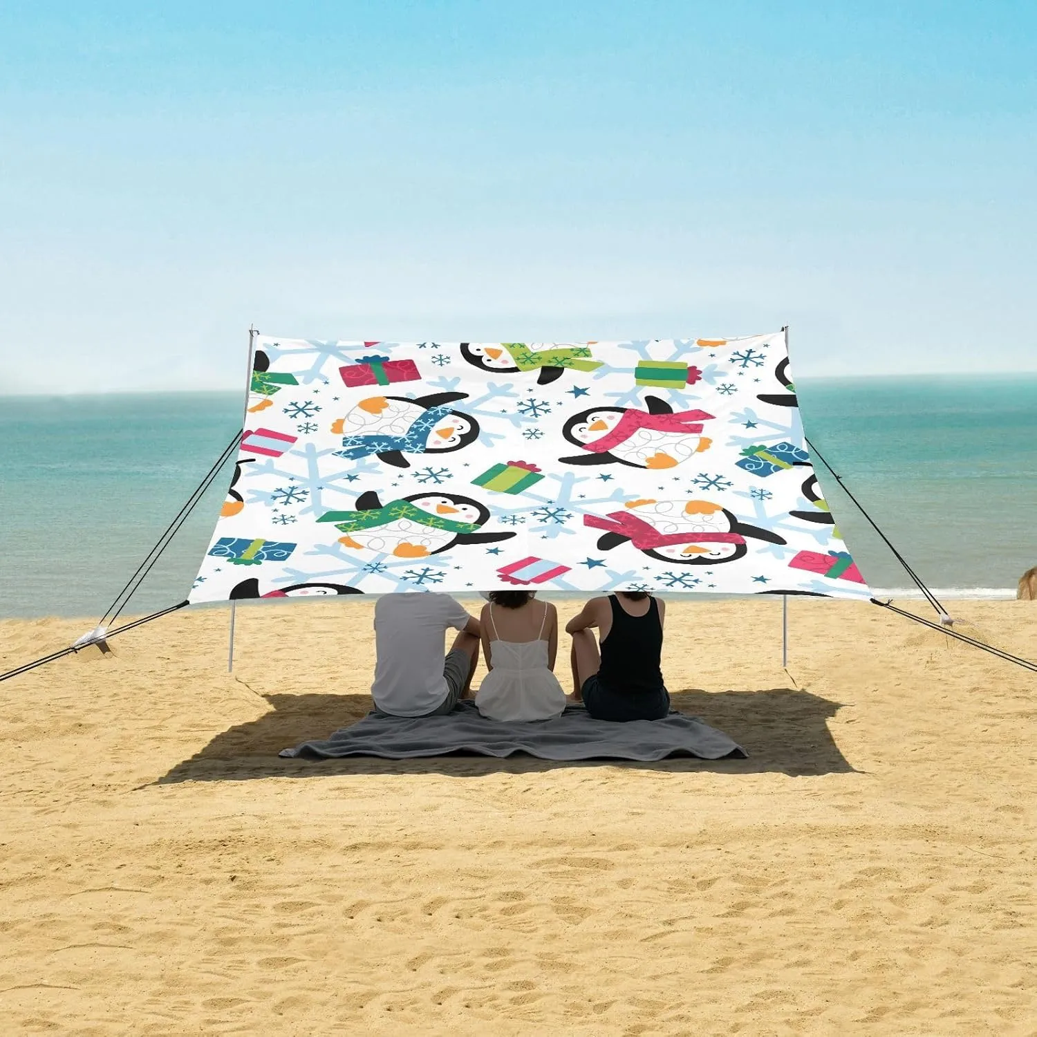 Winter Penguin Snowflakes Beach Tent Canopy 9.2 × 10.5 FT Outdoor Patio Shade Cute Funny Shelters Camping Sun Shelter with Sandbags Anchor Sail