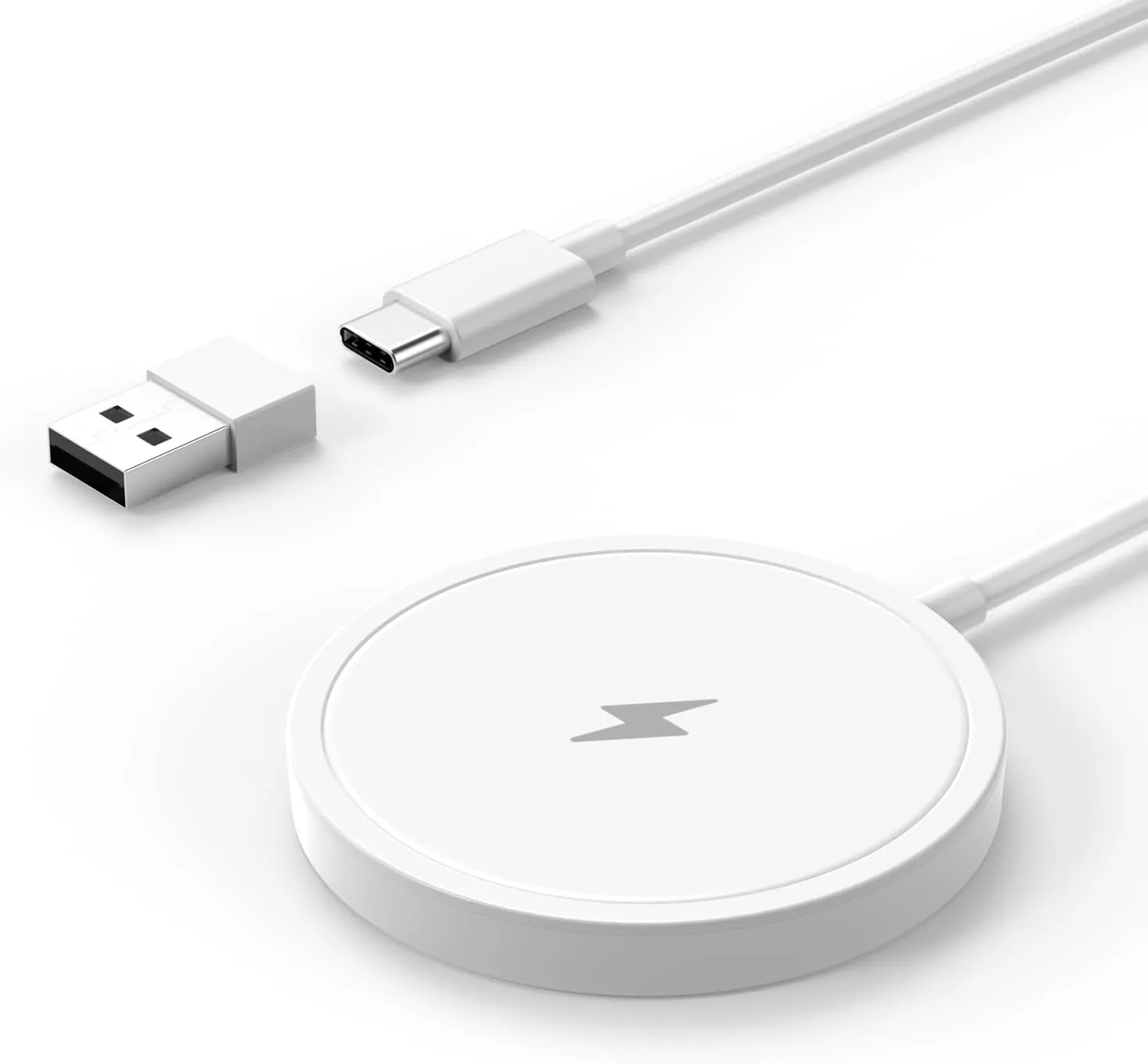 Wireless Charger, 15W Max Fast Magnetic Wireless Charging Pad Compatible with iPhone 15/14/13/12 with USB-A Converter White