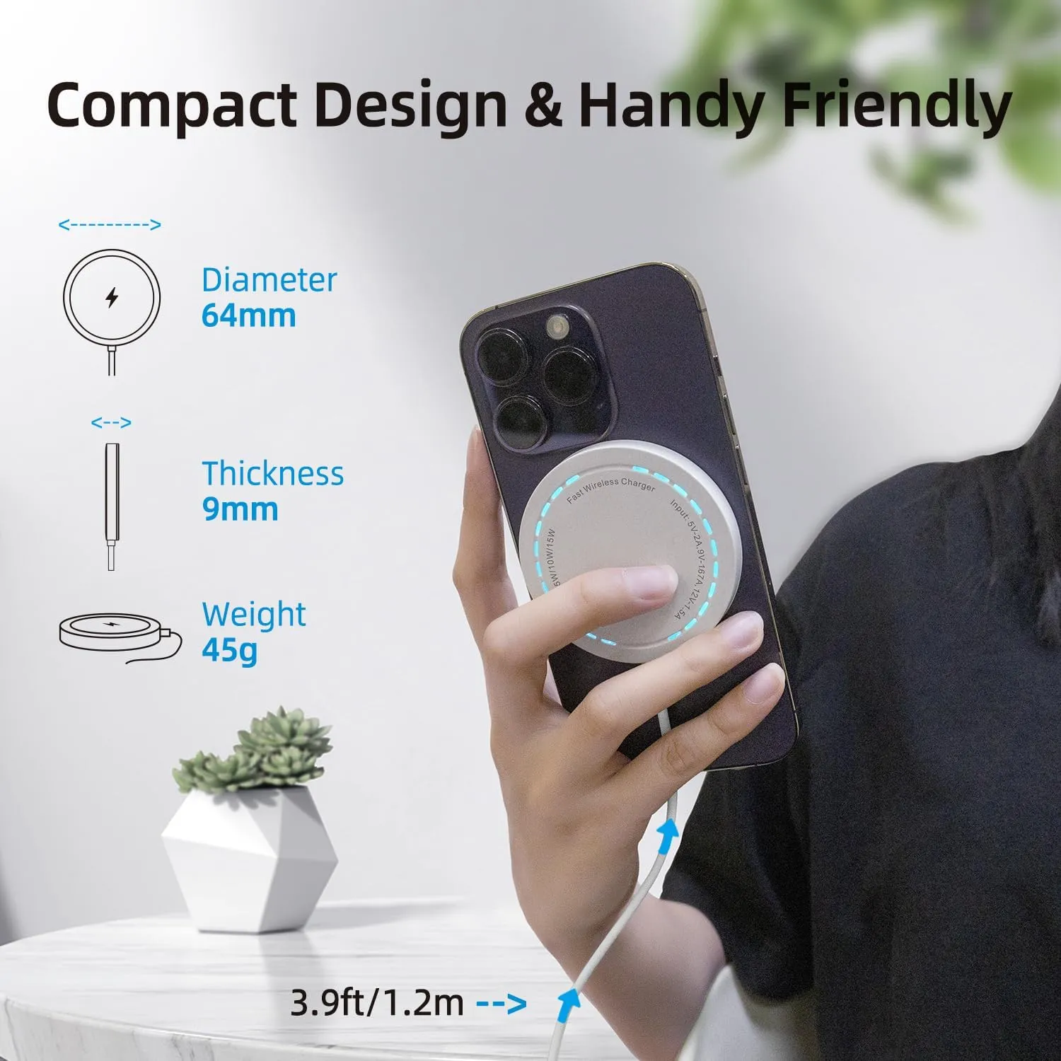 Wireless Charger, 15W Max Fast Magnetic Wireless Charging Pad Compatible with iPhone 15/14/13/12 with USB-A Converter White