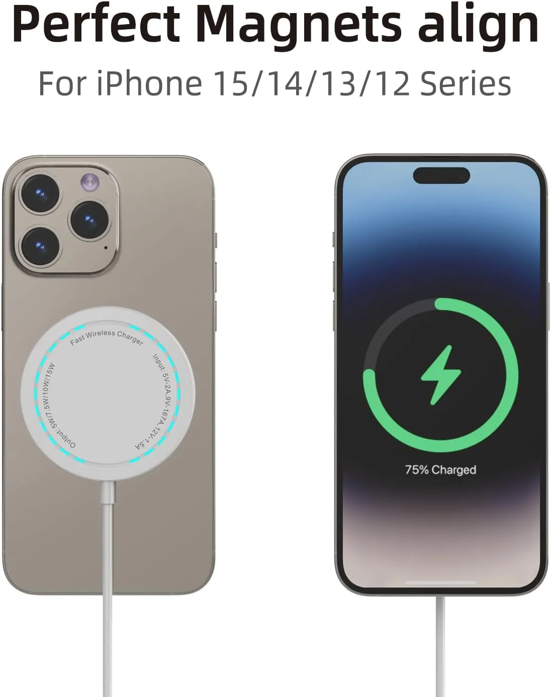 Wireless Charger, 15W Max Fast Magnetic Wireless Charging Pad Compatible with iPhone 15/14/13/12 with USB-A Converter White