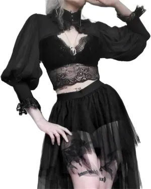 Women Goth Tops Punk Cover Ups Mesh Crop Top See Through Sexy Long Sleeve Blouse Y2k Black Rave Outfit Festival
