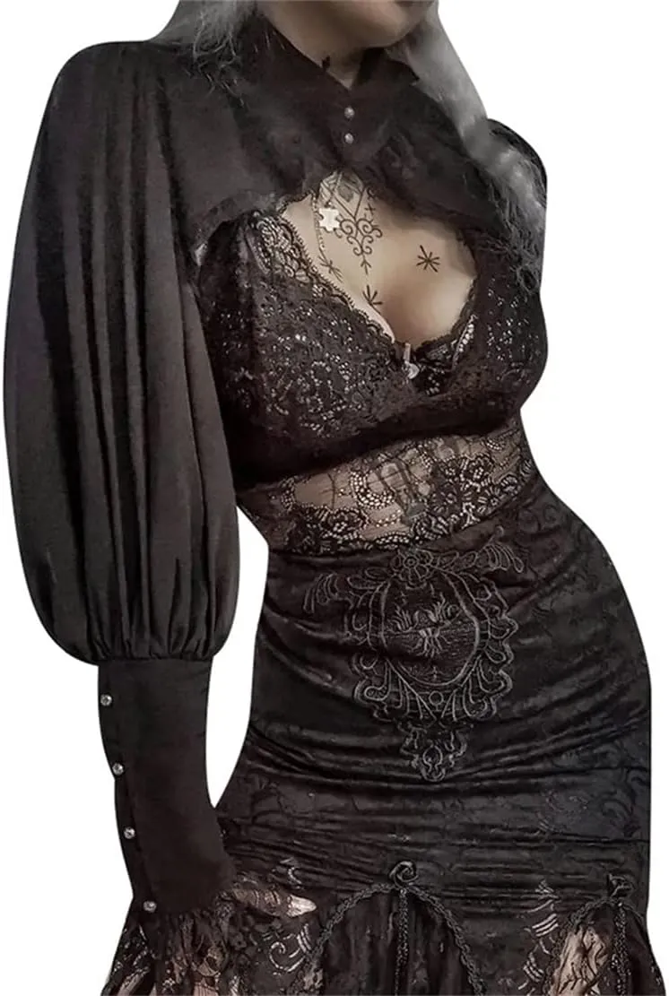 Women Goth Tops Punk Cover Ups Mesh Crop Top See Through Sexy Long Sleeve Blouse Y2k Black Rave Outfit Festival