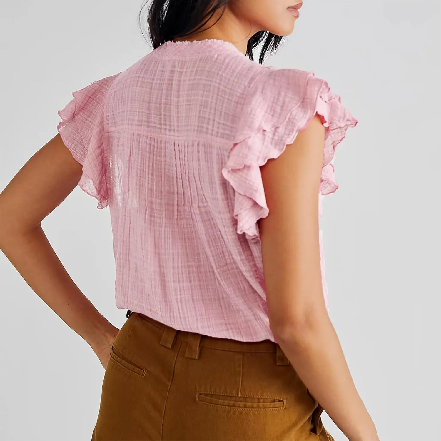Women Summer Cute Button Shirt Y2K Low Cut V-Neck Short Sleeve Ruffle Trim Blouse Top Y2K Going Out Shirt Streetwear