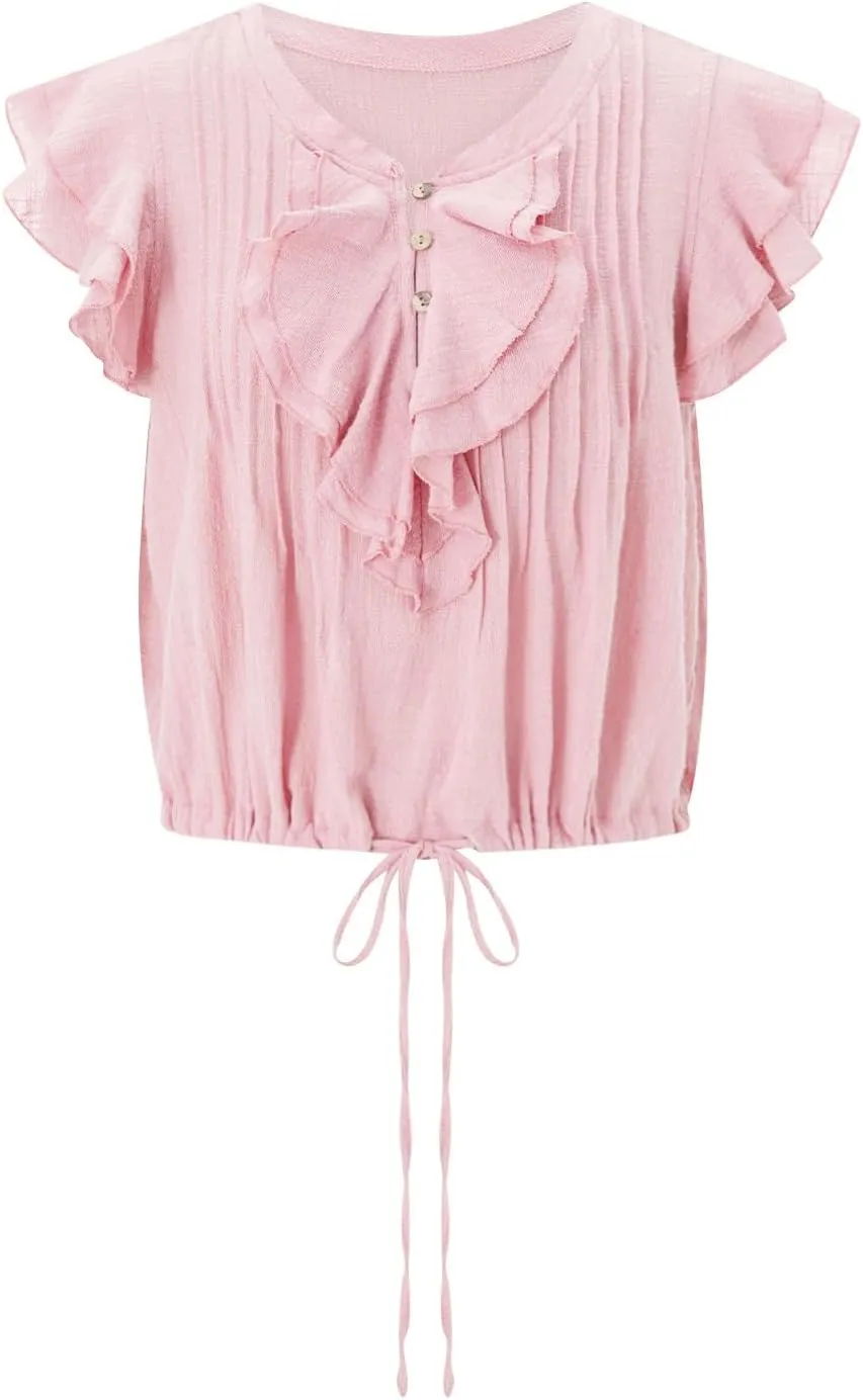 Women Summer Cute Button Shirt Y2K Low Cut V-Neck Short Sleeve Ruffle Trim Blouse Top Y2K Going Out Shirt Streetwear