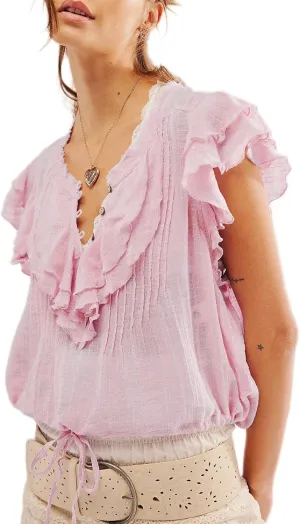 Women Summer Cute Button Shirt Y2K Low Cut V-Neck Short Sleeve Ruffle Trim Blouse Top Y2K Going Out Shirt Streetwear