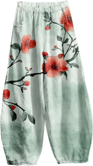Womens Baggy Cotton Linen Blend Lantern Trousers Ladies Summer Casual Elastic Waist Hippie Wide Leg Palazzo Pants