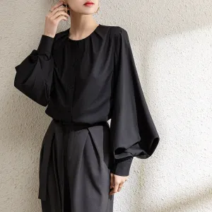 Women’s Blouse – Loose Fit – Silk Satin Feel – Lantern Sleeve – Button Front – Round Neck