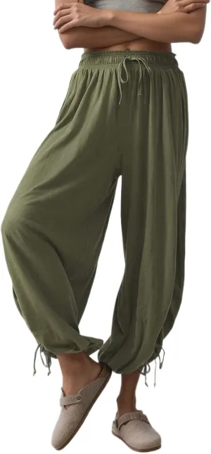 Women's Lantern Pants Summer Side Drawstring Tie High Waist Wide Leg Harem Capri Trousers