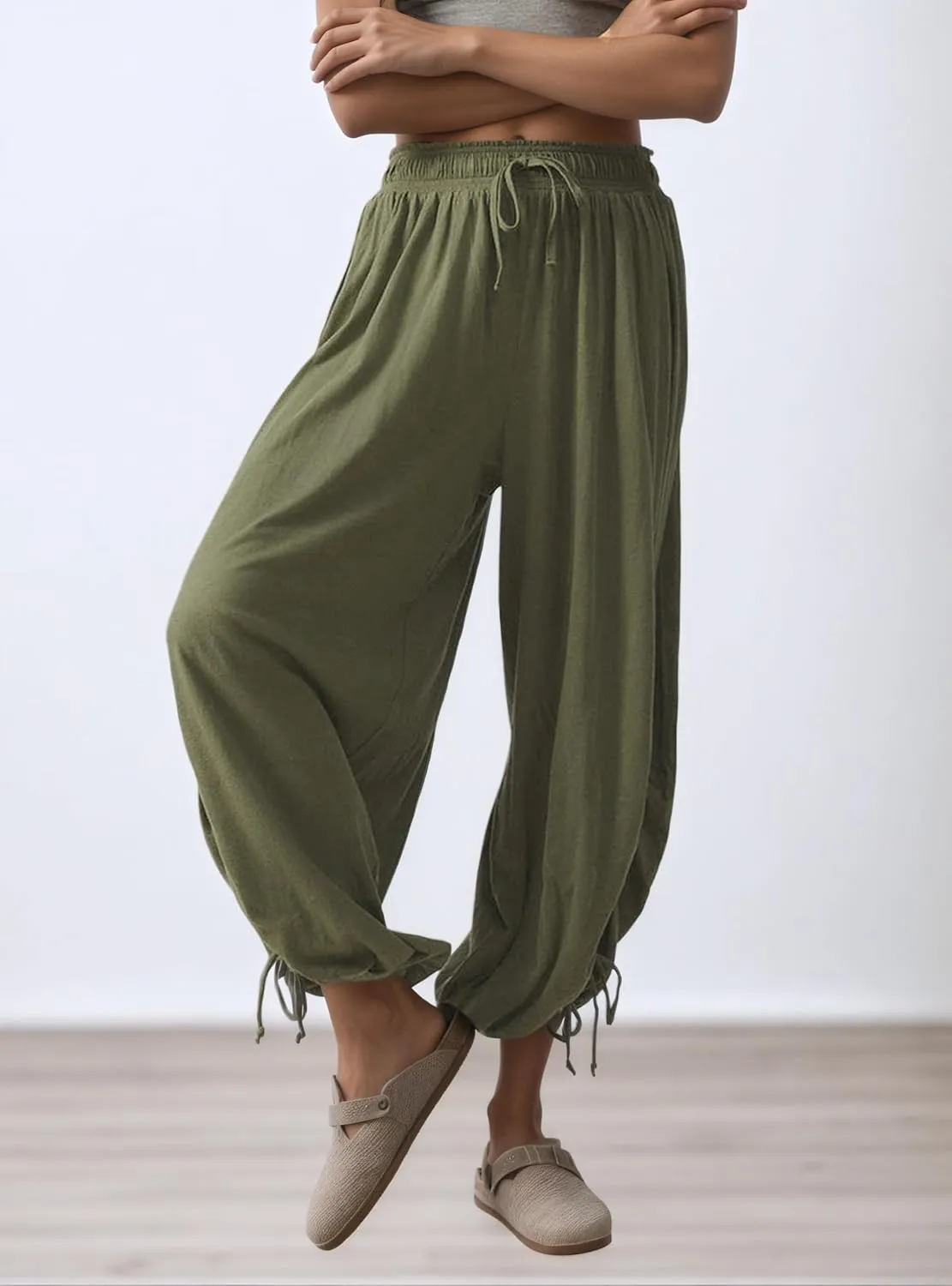 Women's Lantern Pants Summer Side Drawstring Tie High Waist Wide Leg Harem Capri Trousers