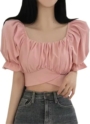 Women's Solid Color V-Neck Lantern Short Sleeve Cropped top Tie Up Back Crop Top Off Shoulder Blouse