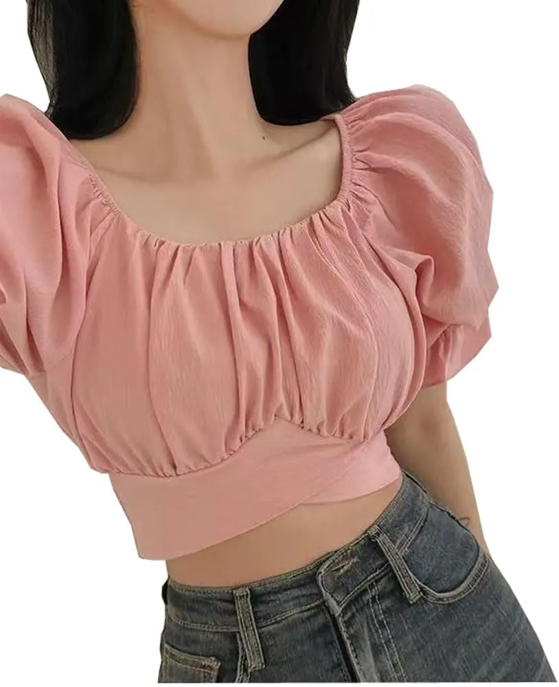 Women's Solid Color V-Neck Lantern Short Sleeve Cropped top Tie Up Back Crop Top Off Shoulder Blouse