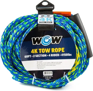 WOW Sports Towing Rope for Wakeboard, Water Ski and Wakesurf, 4-Rider 4K Tow Rope with 2 Sections, 60'