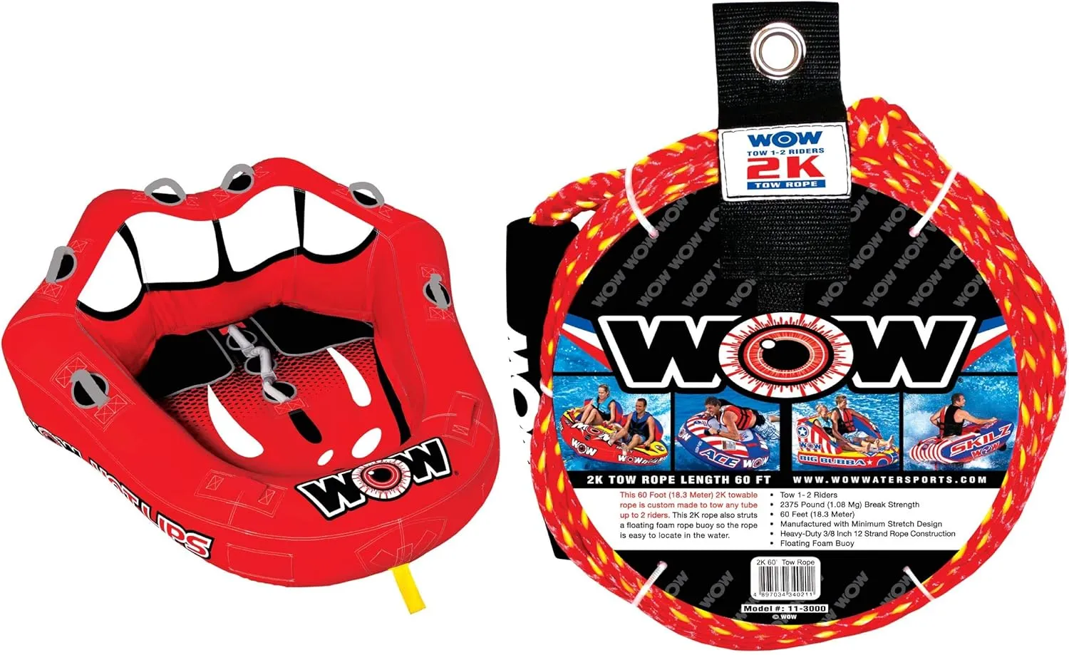 WOW World of Watersports Hot Lips Cockpit Seating Towable, 1 or 2 Person and Tow Rope Bundle