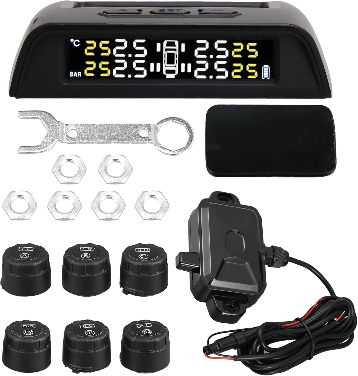 X AUTOHAUX RV Tire Pressure Monitoring System TPMS Wireless Solar Charger 5 Alarm Modes LCD Real Time Display with 6 External Sensors Temperature Pressure for RV Trailer Truck