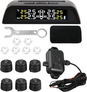 X AUTOHAUX RV Tire Pressure Monitoring System TPMS Wireless Solar Charger 5 Alarm Modes LCD Real Time Display with 6 External Sensors Temperature Pressure for RV Trailer Truck