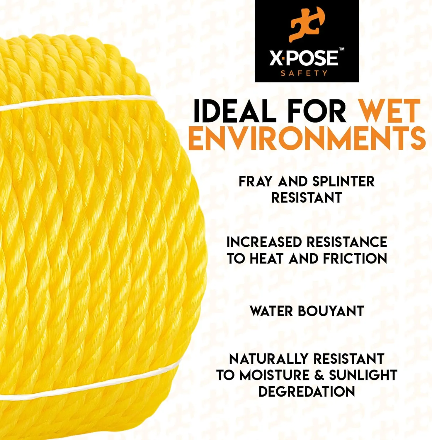 Xpose Safety Yellow Twisted Polypropylene Rope - Floating Poly Pro Cord - Oil Resistant, Moisture, Marine Growth & Chemicals - Reduced Slip, Easy Knot, Flexible (Yellow - Pack of 1, 1/2" x 600')
