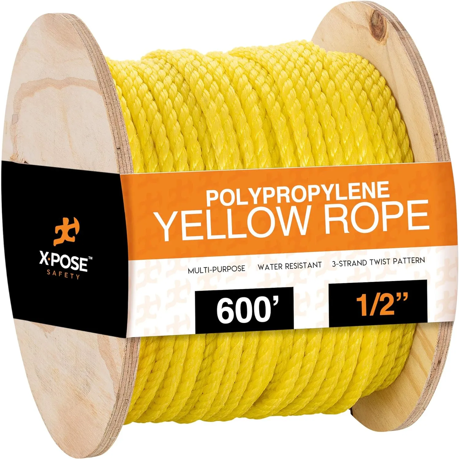Xpose Safety Yellow Twisted Polypropylene Rope - Floating Poly Pro Cord - Oil Resistant, Moisture, Marine Growth & Chemicals - Reduced Slip, Easy Knot, Flexible (Yellow - Pack of 1, 1/2" x 600')