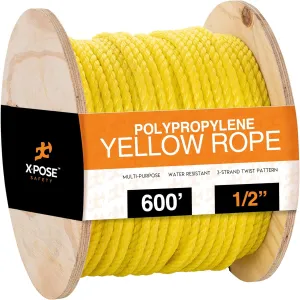 Xpose Safety Yellow Twisted Polypropylene Rope - Floating Poly Pro Cord - Oil Resistant, Moisture, Marine Growth & Chemicals - Reduced Slip, Easy Knot, Flexible (Yellow - Pack of 1, 1/2" x 600')