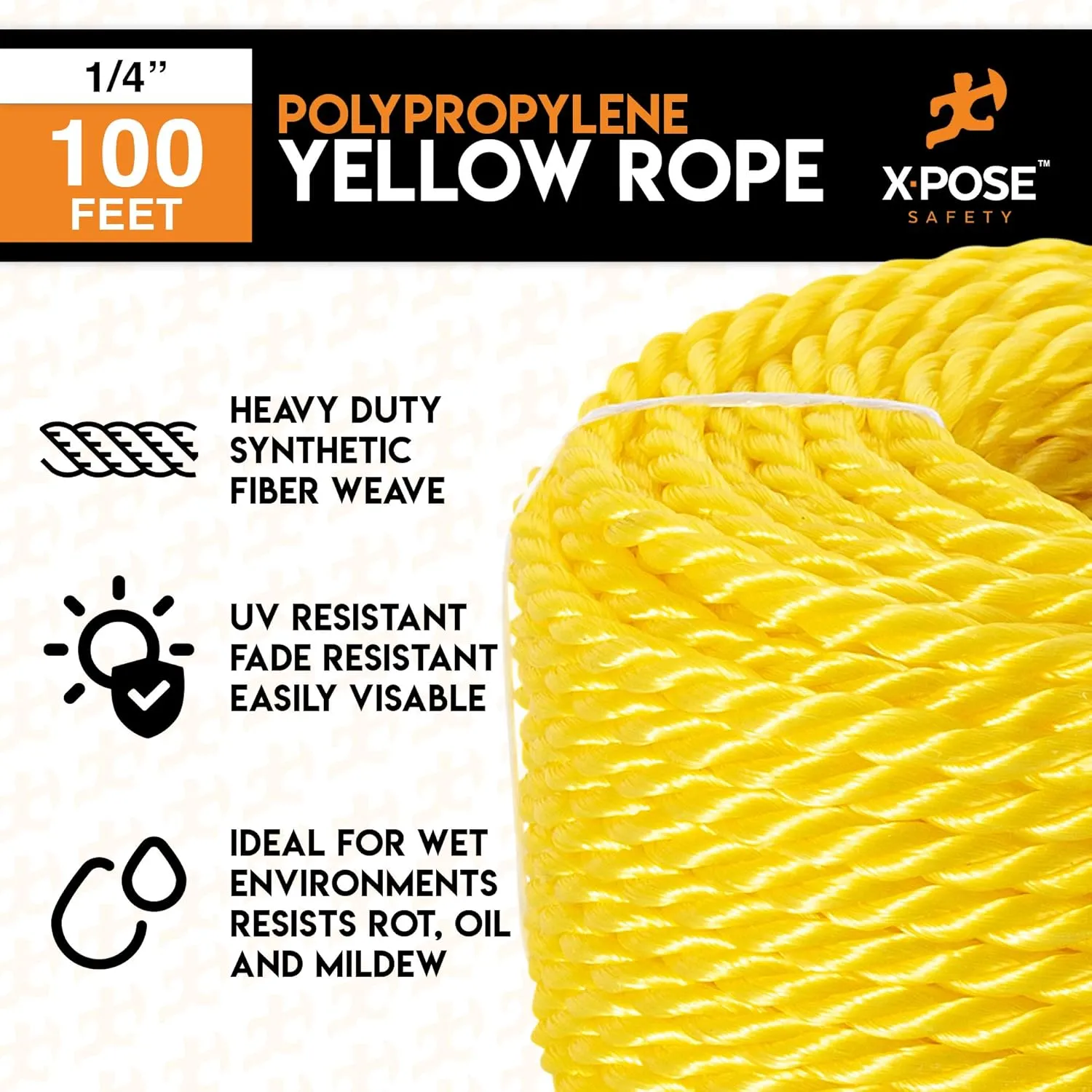 Xpose Safety Yellow Twisted Polypropylene Rope - Floating Poly Pro Cord - Oil Resistant, Moisture, Marine Growth & Chemicals - Reduced Slip, Easy Knot, Flexible (Yellow - Pack of 1, 1/4" x 100')
