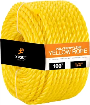 Xpose Safety Yellow Twisted Polypropylene Rope - Floating Poly Pro Cord - Oil Resistant, Moisture, Marine Growth & Chemicals - Reduced Slip, Easy Knot, Flexible (Yellow - Pack of 1, 1/4" x 100')
