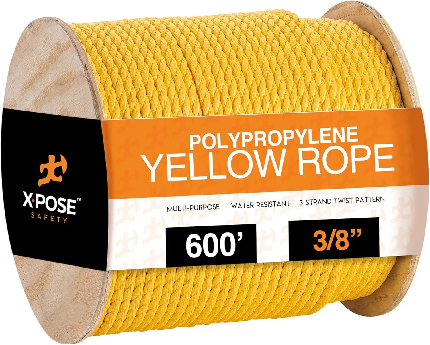 Xpose Safety Yellow Twisted Polypropylene Rope - Floating Poly Pro Cord - Oil Resistant, Moisture, Marine Growth & Chemicals - Reduced Slip, Easy Knot, Flexible (Yellow - Pack of 1, 3/8" x 600')