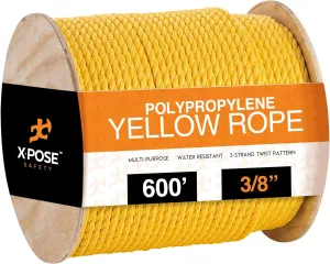 Xpose Safety Yellow Twisted Polypropylene Rope - Floating Poly Pro Cord - Oil Resistant, Moisture, Marine Growth & Chemicals - Reduced Slip, Easy Knot, Flexible (Yellow - Pack of 1, 3/8" x 600')