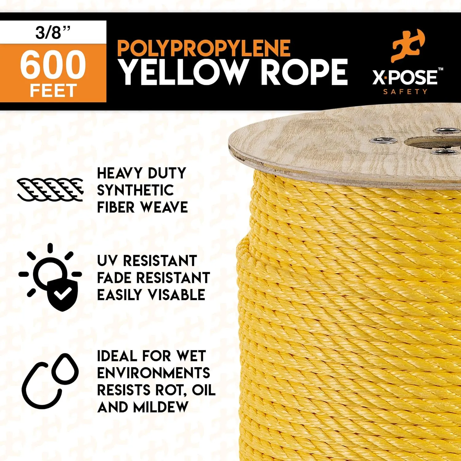 Xpose Safety Yellow Twisted Polypropylene Rope - Floating Poly Pro Cord - Oil Resistant, Moisture, Marine Growth & Chemicals - Reduced Slip, Easy Knot, Flexible (Yellow - Pack of 1, 3/8" x 600')