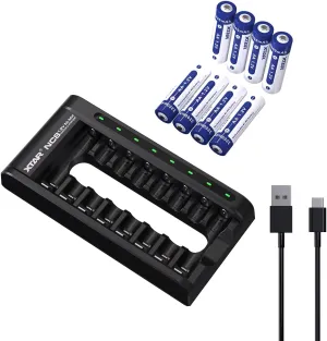 XTAR 8Pack 1.2V 2200mAh AA Batteries with Charger for All Brands’ Rechargeable 1.2V Ni-MH AA/AAA Batteries (NC8 8pcs 1.2V AA)
