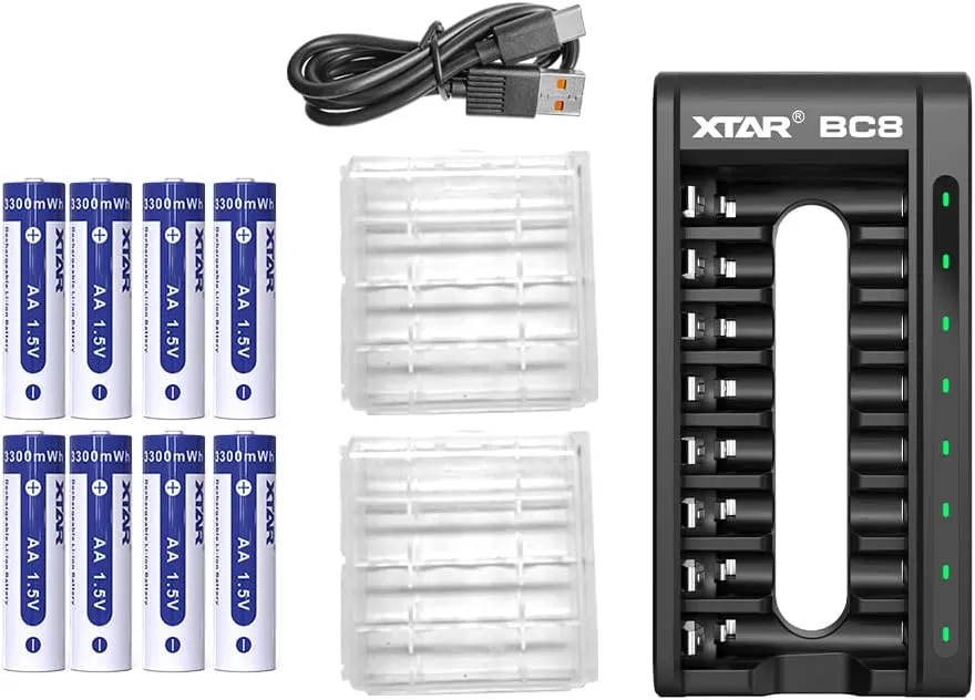 XTAR BC8 Battery Charger with 8 Pack Rechargeable 1.5v Lithium Rechargeable Batteries Charger(BC8 Charger 8*1.5V AA Batteries)