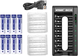 XTAR BC8 Battery Charger with 8 Pack Rechargeable 1.5v Lithium Rechargeable Batteries Charger(BC8 Charger 8*1.5V AA Batteries)