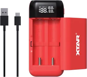 XTAR PB2S Type-C Dual-Role Fast Charger,Portable LCD Universal 18650 Battery Charger for 3.7V/3.6V Li-ion Rechargeable Battery 18650 18700 20700 21700 RED(No Battery)