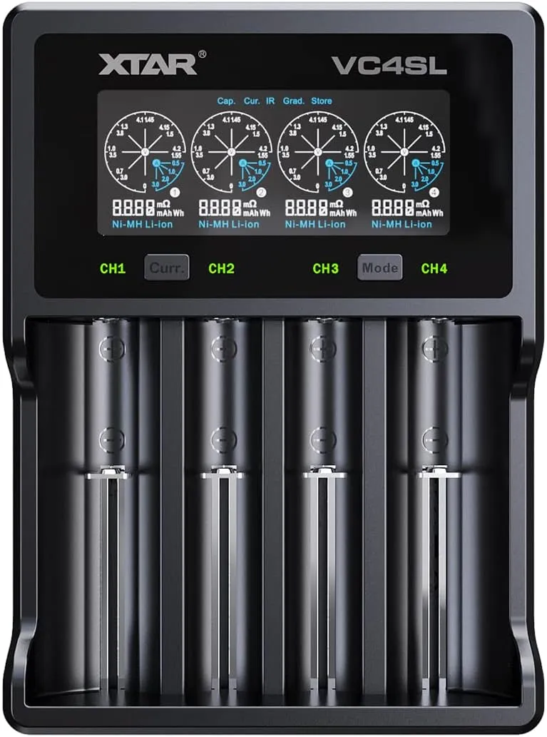 XTAR VC4SL Upgrade Version VC4S Smart Rechargeable Battery Charger Type C 4 Bay Fast 18650 Charger with LCD for 3.7V 3.6V Li-ion Battery 10440 14500 18650 21700 26650 and Ni-MH Ni-CD AA AAA