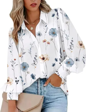 Zeagoo Womens Shirts Button Down Printed Lantern Long Sleeve Blouse Fashion Casual Tops 2025