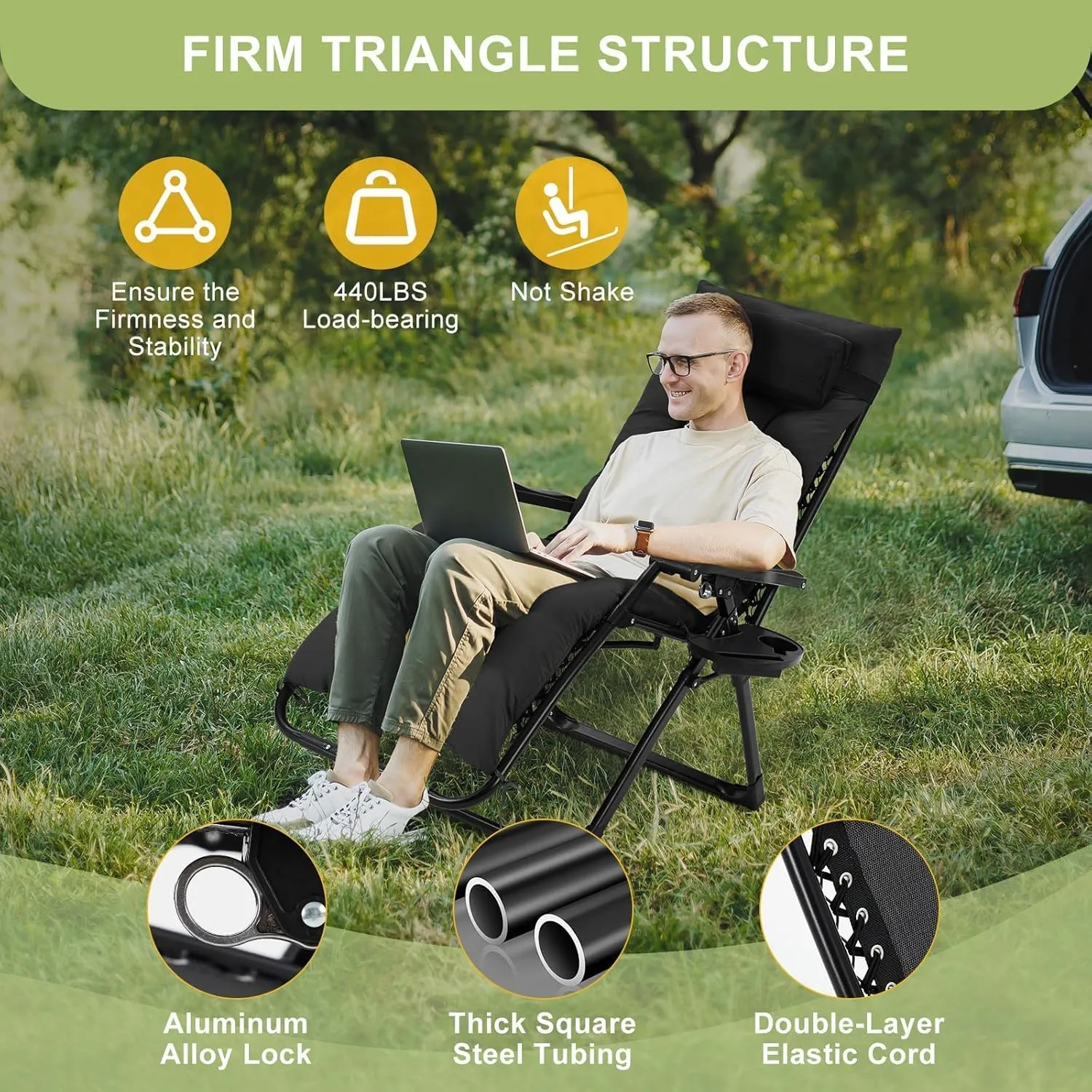 Zero Lounge Chair Supports 440 Lbs, Indoor/Outdoor Adjustable Folding Recliner with 33 Inch Seat, Removable Cup Holder & Headrest Black