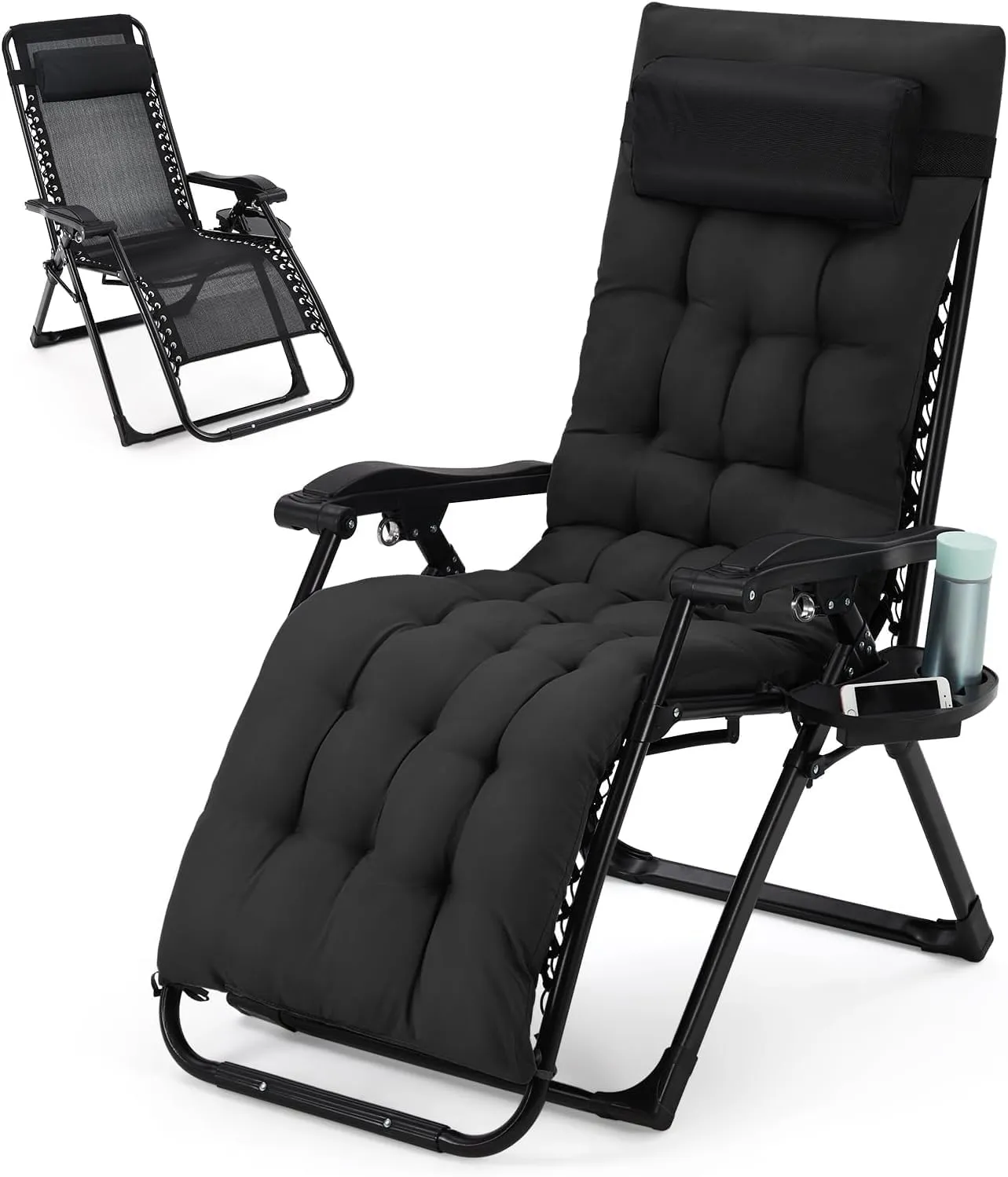 Zero Lounge Chair Supports 440 Lbs, Indoor/Outdoor Adjustable Folding Recliner with 33 Inch Seat, Removable Cup Holder & Headrest Black