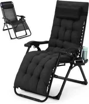 Zero Lounge Chair Supports 440 Lbs, Indoor/Outdoor Adjustable Folding Recliner with 33 Inch Seat, Removable Cup Holder & Headrest Black
