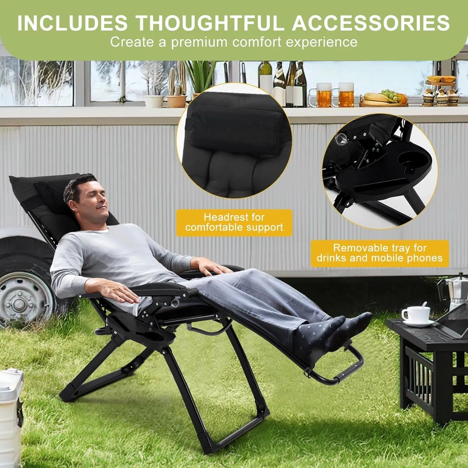 Zero Lounge Chair Supports 440 Lbs, Indoor/Outdoor Adjustable Folding Recliner with 33 Inch Seat, Removable Cup Holder & Headrest Black