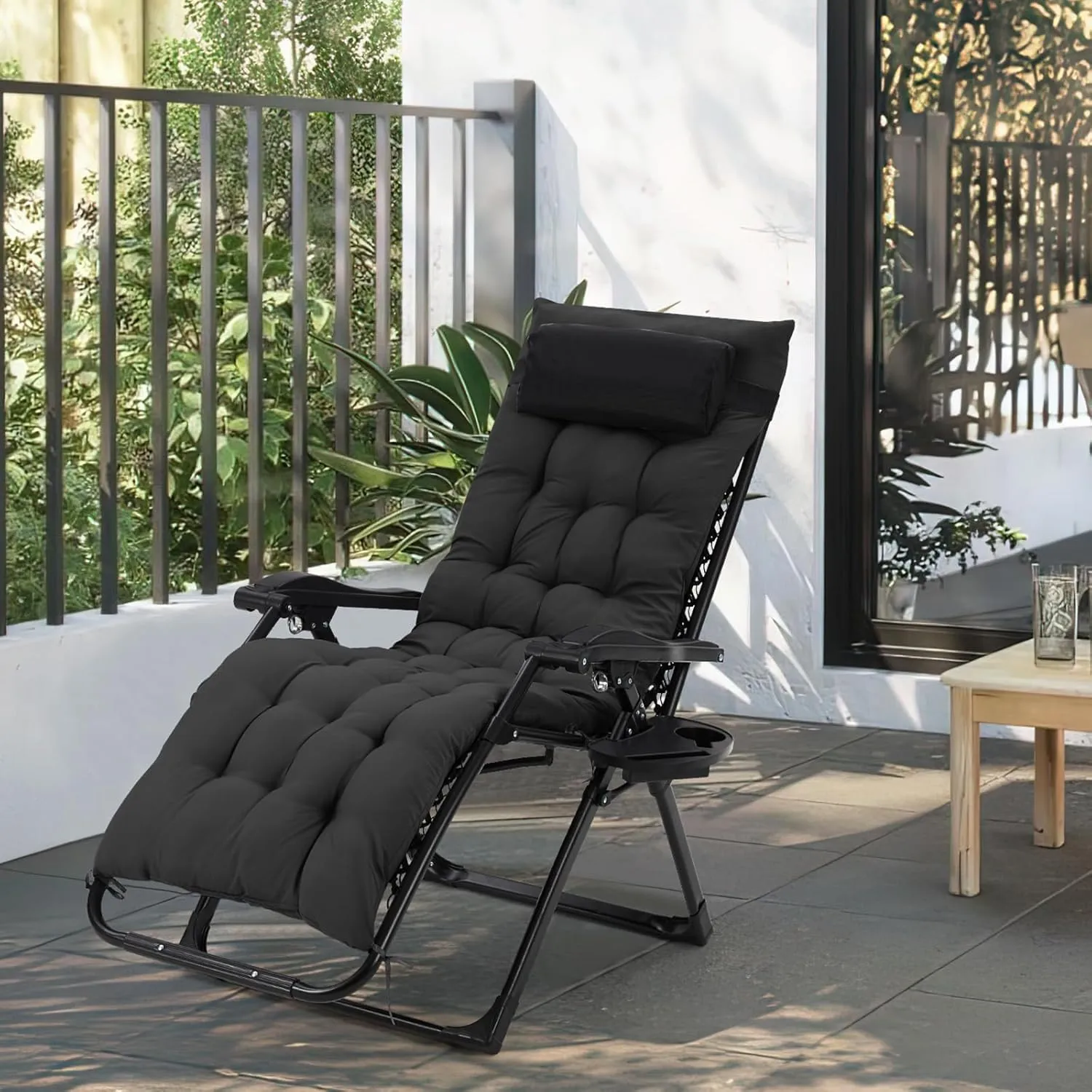 Zero Lounge Chair Supports 440 Lbs, Indoor/Outdoor Adjustable Folding Recliner with 33 Inch Seat, Removable Cup Holder & Headrest Black