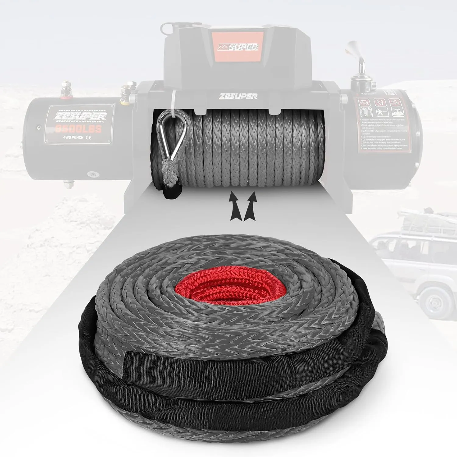 ZESUPER 3/8" x 100ft Synthetic Winch Rope Dyneema 12 Strand Winch Cable Car Tow Recovery Cable Winch Line Recovery Kit Winch Replacement Cable 26500 lbs for 4WD Off Road Vehicle Truck SUV Jeep(Gray)