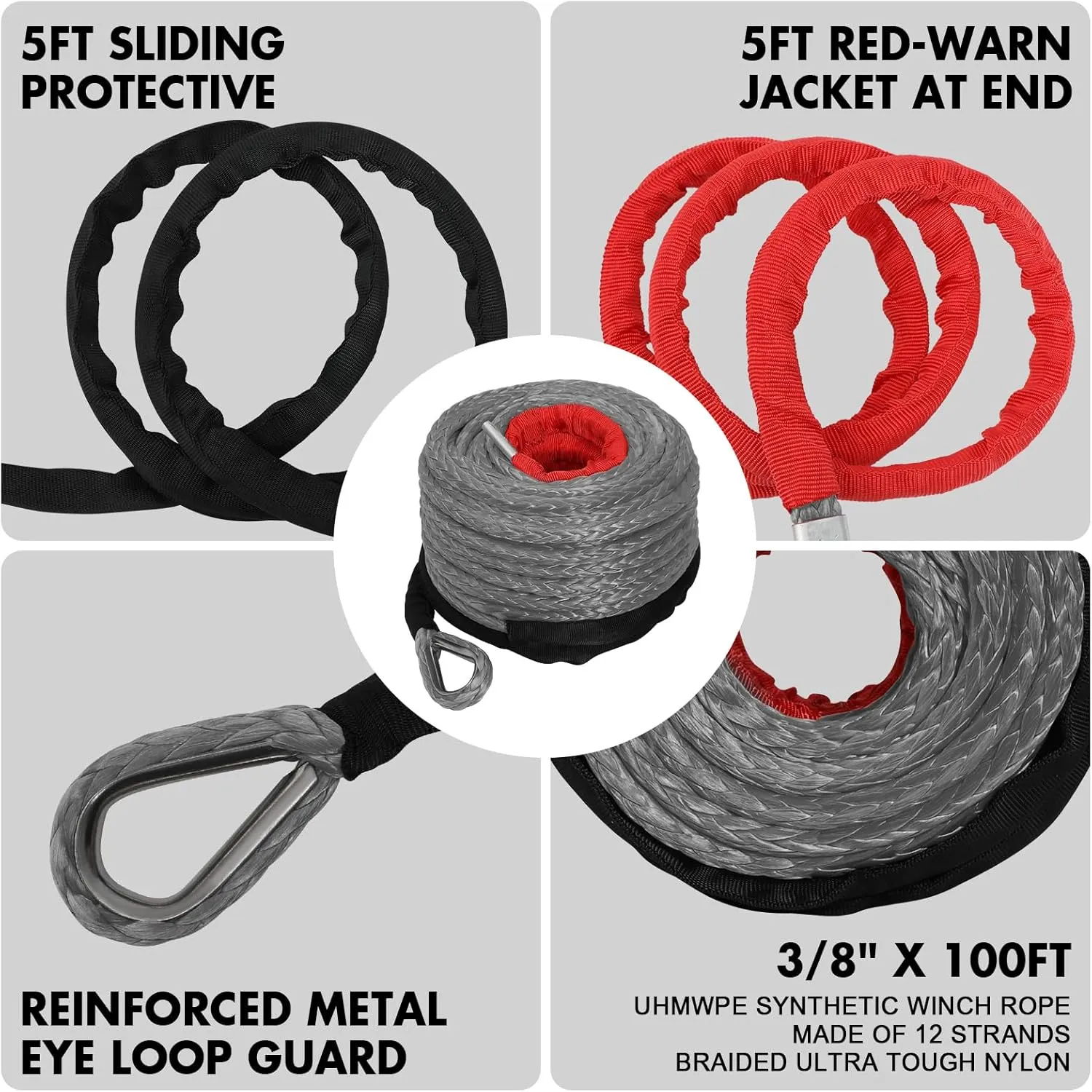 ZESUPER 3/8" x 100ft Synthetic Winch Rope Dyneema 12 Strand Winch Cable Car Tow Recovery Cable Winch Line Recovery Kit Winch Replacement Cable 26500 lbs for 4WD Off Road Vehicle Truck SUV Jeep(Gray)