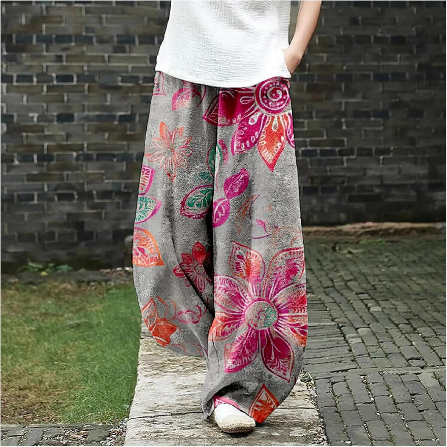 ZOCAVIA Cotton Linen Pants for Women Summer Causal Baggy Wide Leg Pants Waist Elastic Relax Fit Lantern Trouser with Pockets