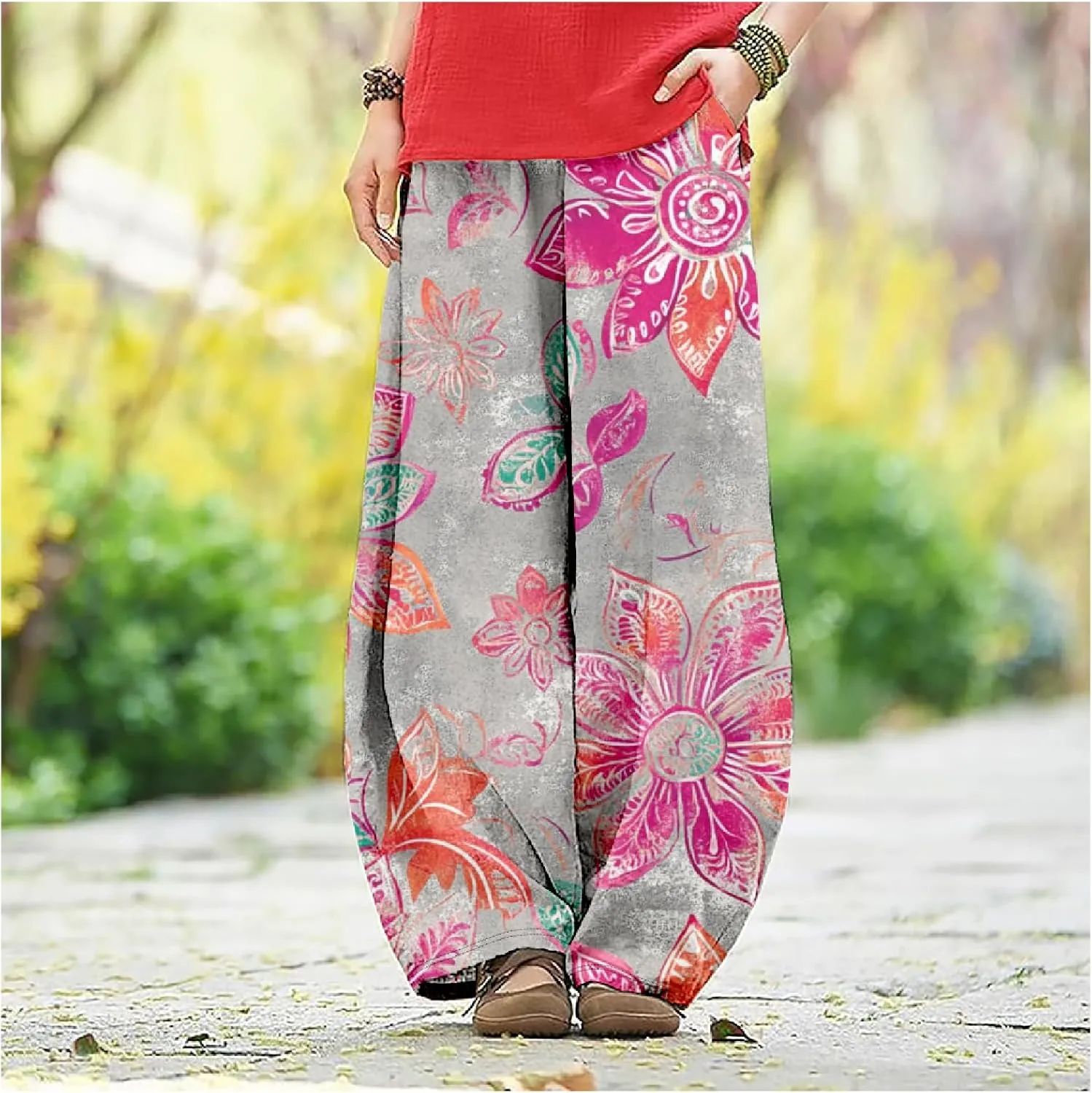 ZOCAVIA Cotton Linen Pants for Women Summer Causal Baggy Wide Leg Pants Waist Elastic Relax Fit Lantern Trouser with Pockets